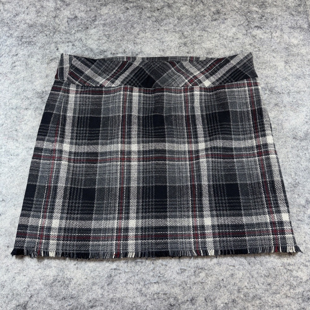 Eddie Bauer Wool Blend Skirt Women's 18 Gray Plaid Fringed Hem Preppy Academia